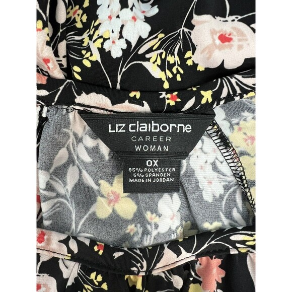 Liz Claiborne Blouse Size OX Black Floral Slinky Keyhole Pleated Front Work Top - Picture 10 of 11